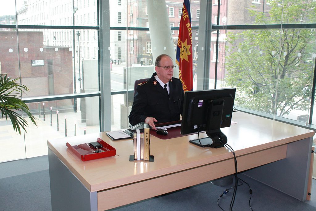 General Cox works at his desk on his first day at International Headquarters as The Salvation Army's new international leader.