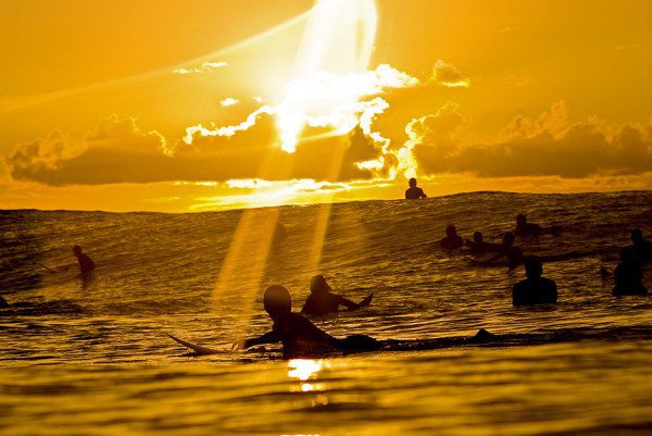 People surfing during sunset