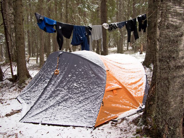 Homeless camp setup in the snow