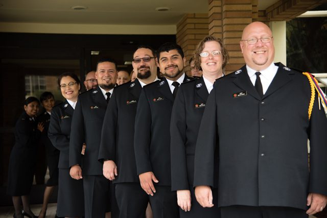 Cadets of the Heralds of Grace session line up at the College for Officer Training at Crestmont ahead of the commencement ceremony.