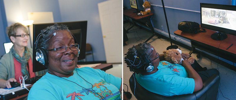 Neurofeedback practitioner Clare Chisholm conducts a session on U.S. Air Force veteran, Teri, at The Haven in Los Angeles. | Photo by John Docter