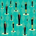 Drawing of men and women in suits