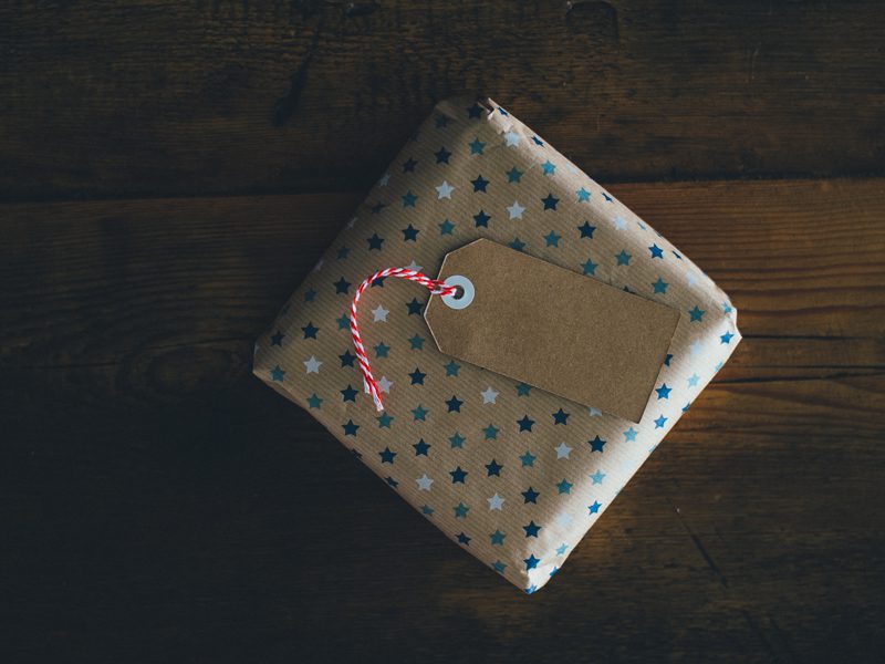 Wrapped present on table