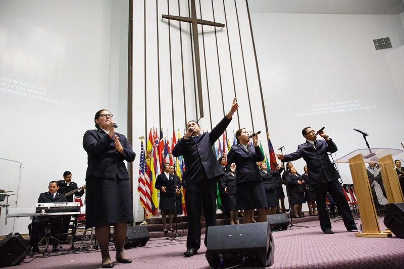 A praise team leads worship during the United Latino Rally at the Los Angeles Central Corps on Jan. 1.