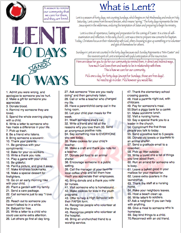 infosheet on what lent is and 40 suggestions of what to do