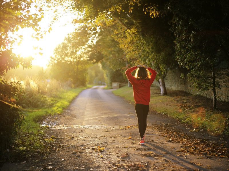 Person walking on road next to trees