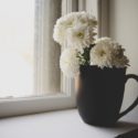 cup filled with flowers next to window