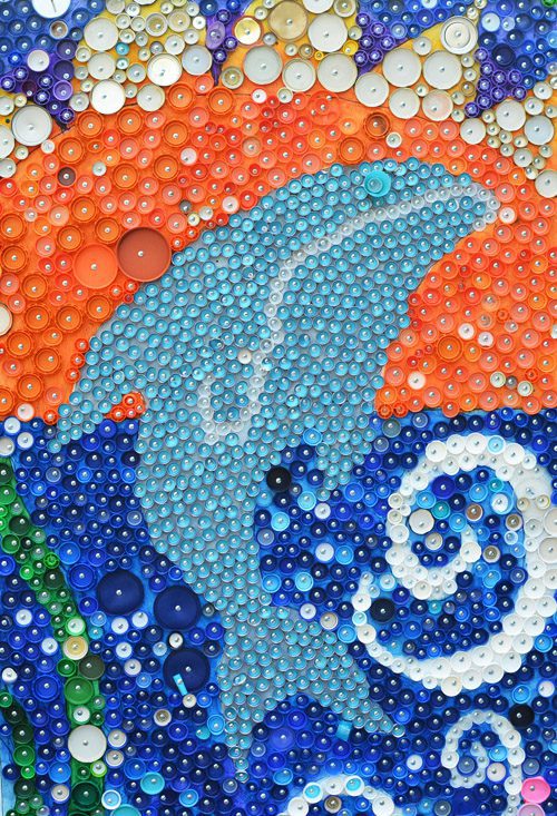 Bottle cap mural of dolphin 