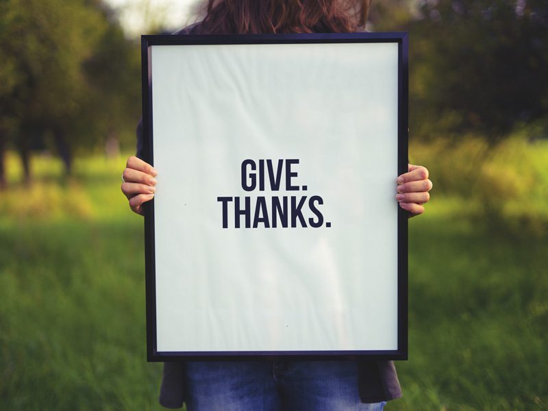 Person holding sign that says give thanks