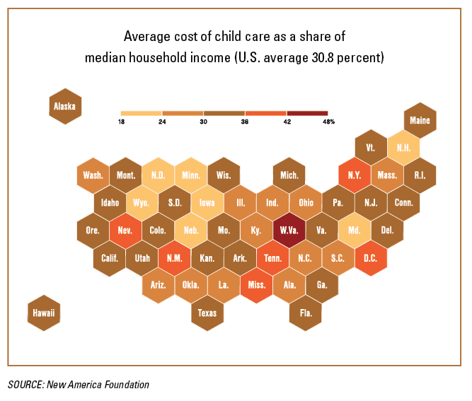 US map showing cost of child care for each state