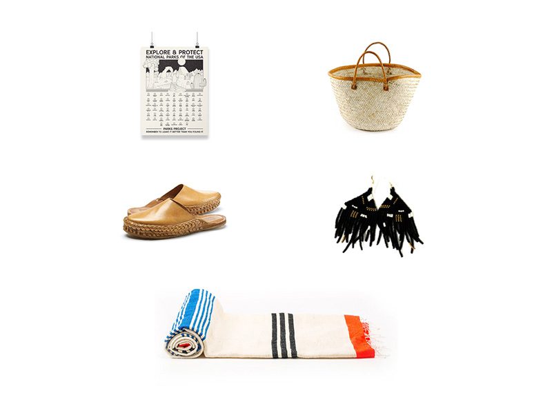 poster, sandals, basket, blanket, and earrings