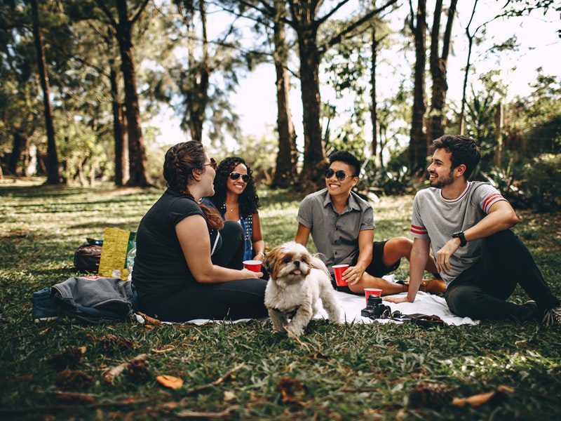 group of people sitting outside with dog