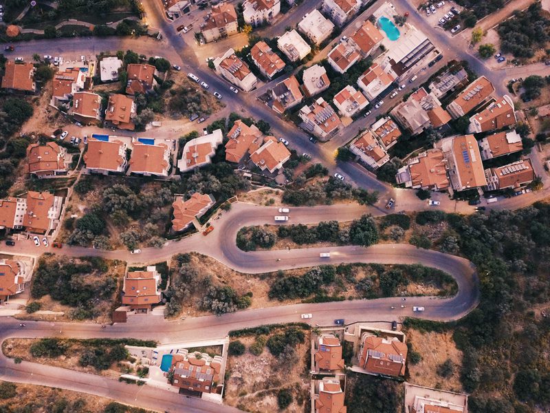 birds eye view of houses and roads