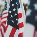 closeup of multiple American flags