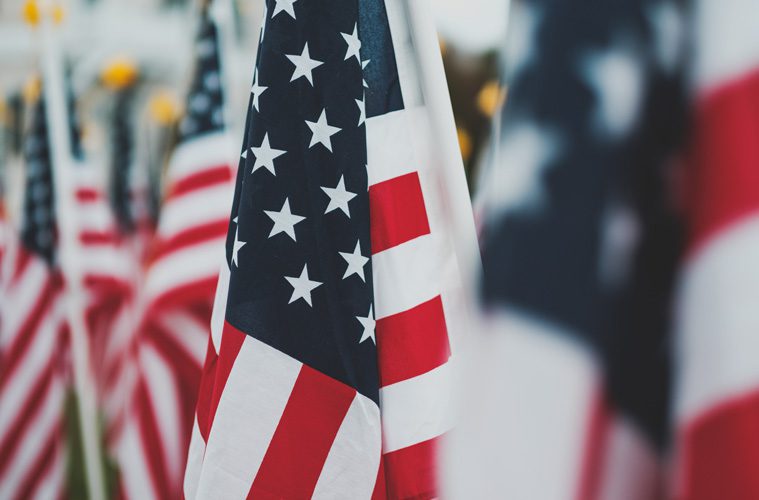 closeup of multiple American flags