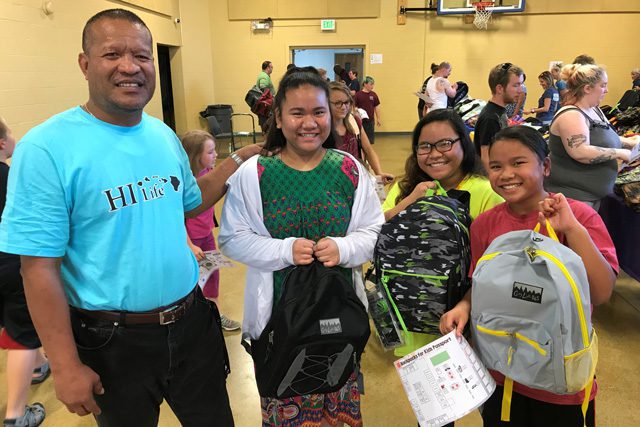 Man and children with backpacks