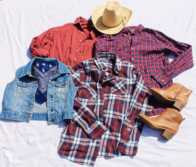 flannels, jean jacket, hat, and boots for farmer and cowboy costumes