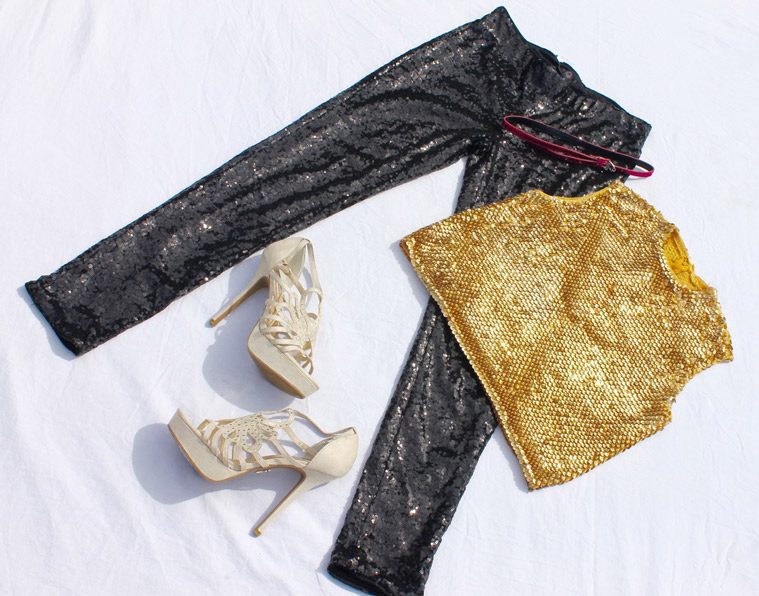 gold shirt and black pants with high heels for female disco costume