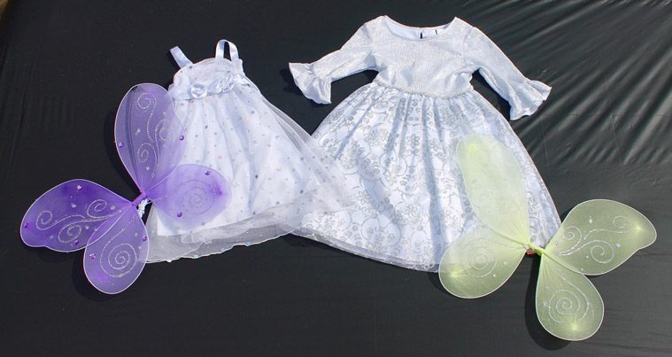 white dresses with purple and yellow wings for angel costume