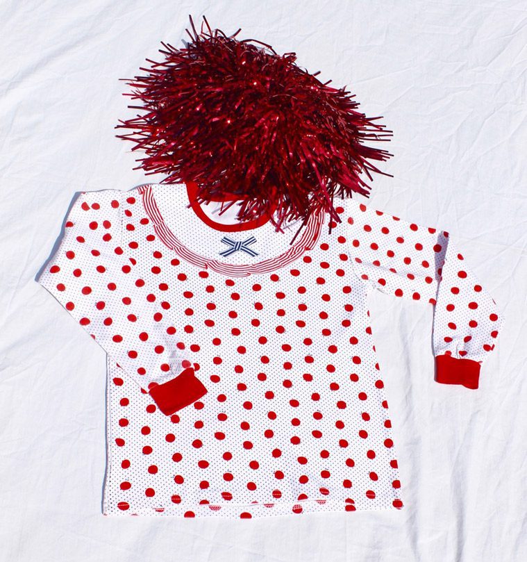 white shirt with red dots and red wig for clown costume