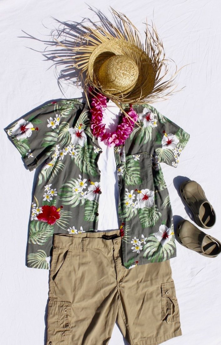 Hawaiian shirt, straw hat, shorts, and sandals for tourist costume