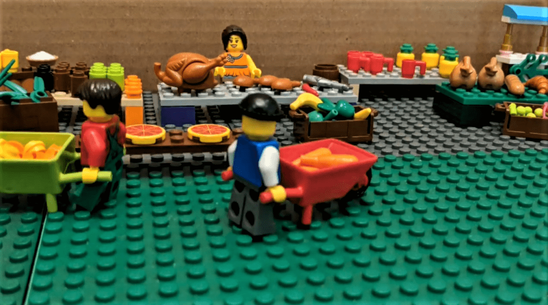 Legos simulating Thanksgiving meal