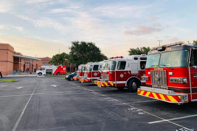 Firetrucks lined up outside