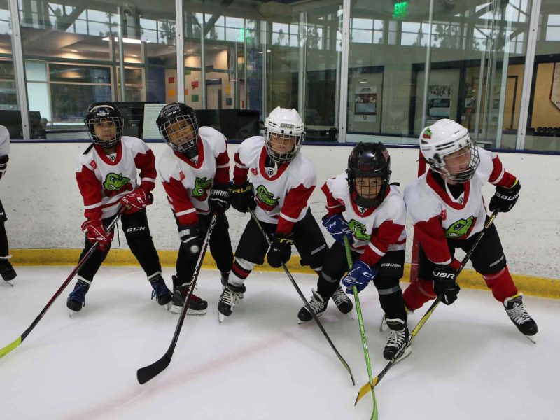 youth participate in an ice hockey camp